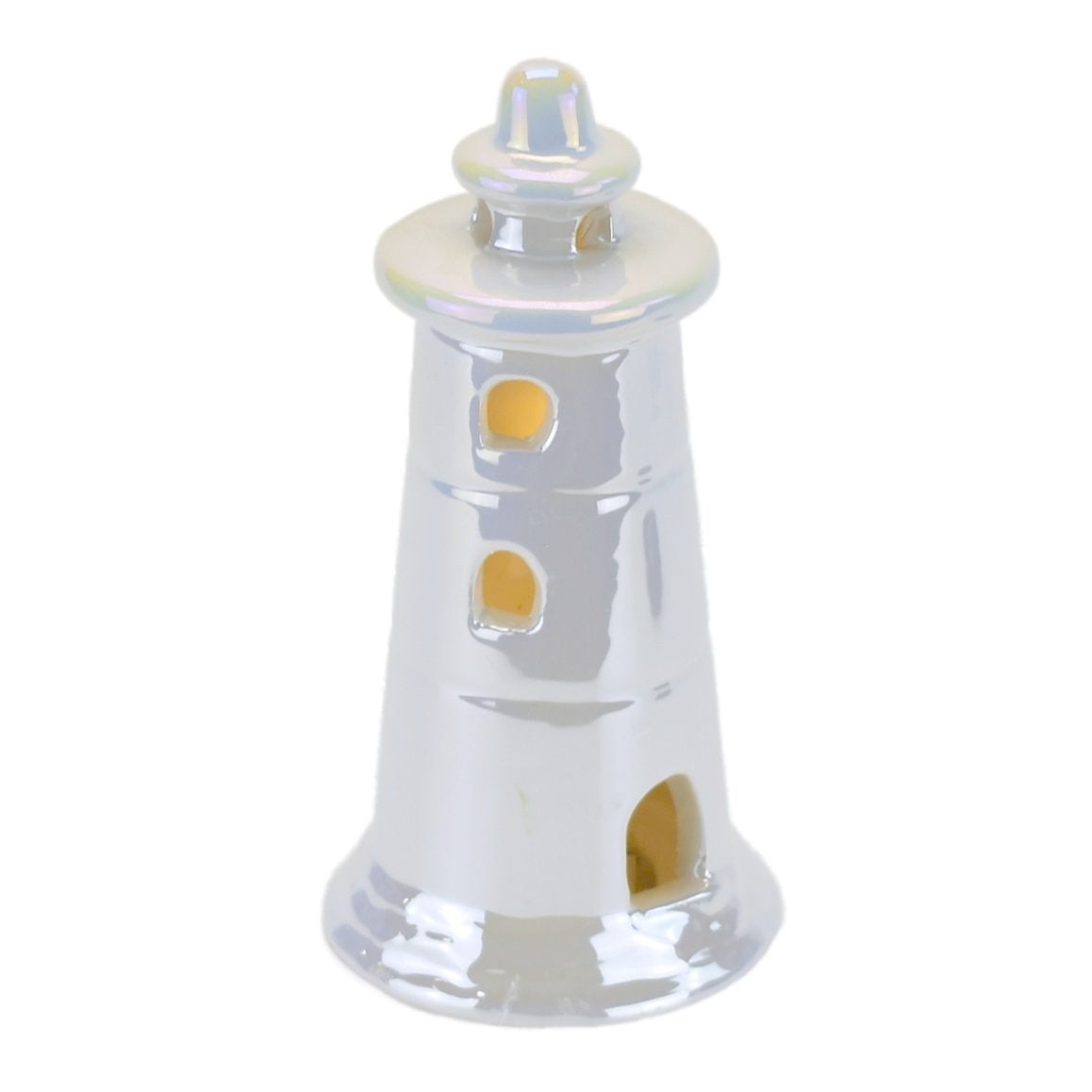 Maják keramický s LED osvětlením, bílá perleť, 14 cm