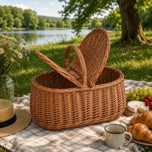 Picknickkorb für das Auto, handgeflochten aus Naturweide, 43×28×35 cm