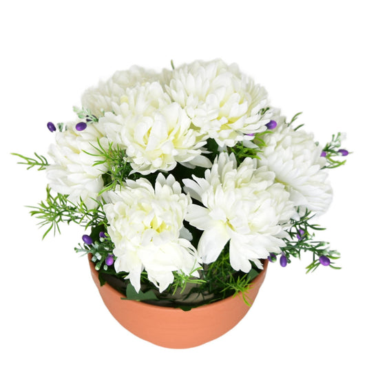 Podzimní miska s bílými chryzantémami, 10 květů, 25 × 26 cm