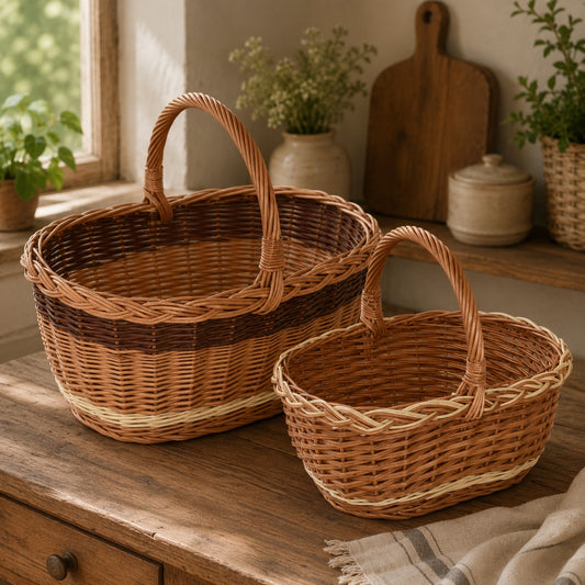Traditionelles Stadt-Korbset, handgeflochten aus Naturweide, 2 Stück