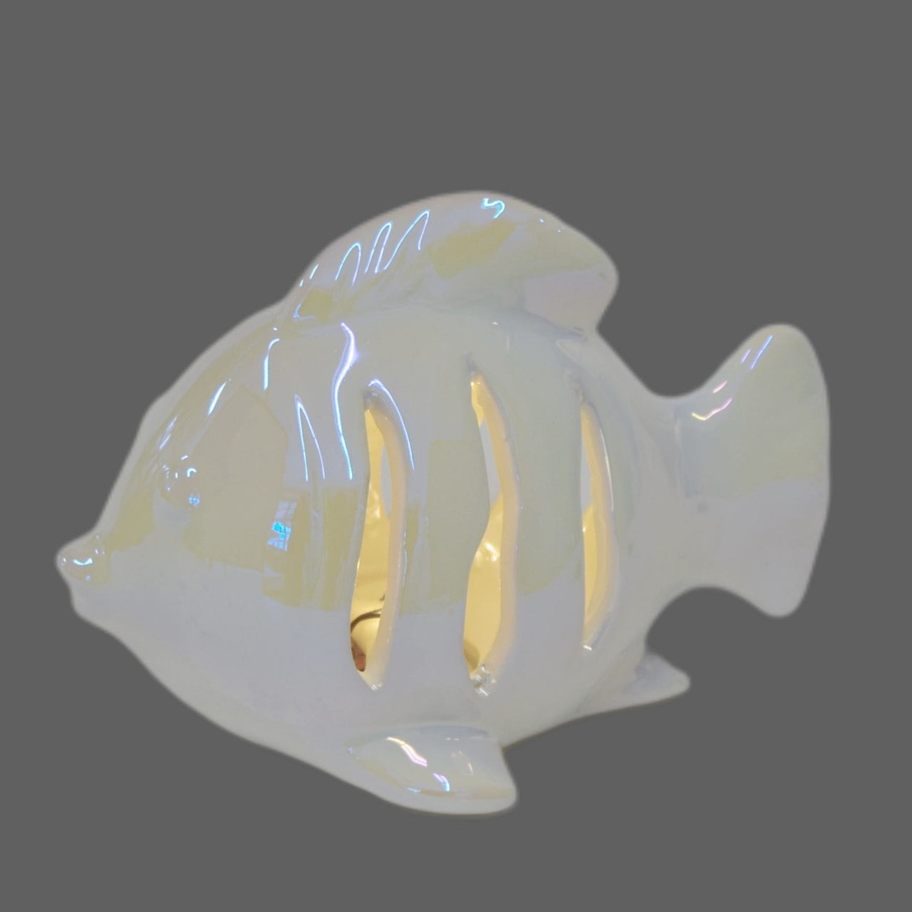 Ryba keramická s LED osvětlením, bílá perleť, 10x14 cm