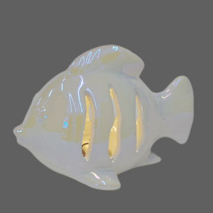 Ryba keramická s LED osvětlením, bílá perleť, 10x14 cm