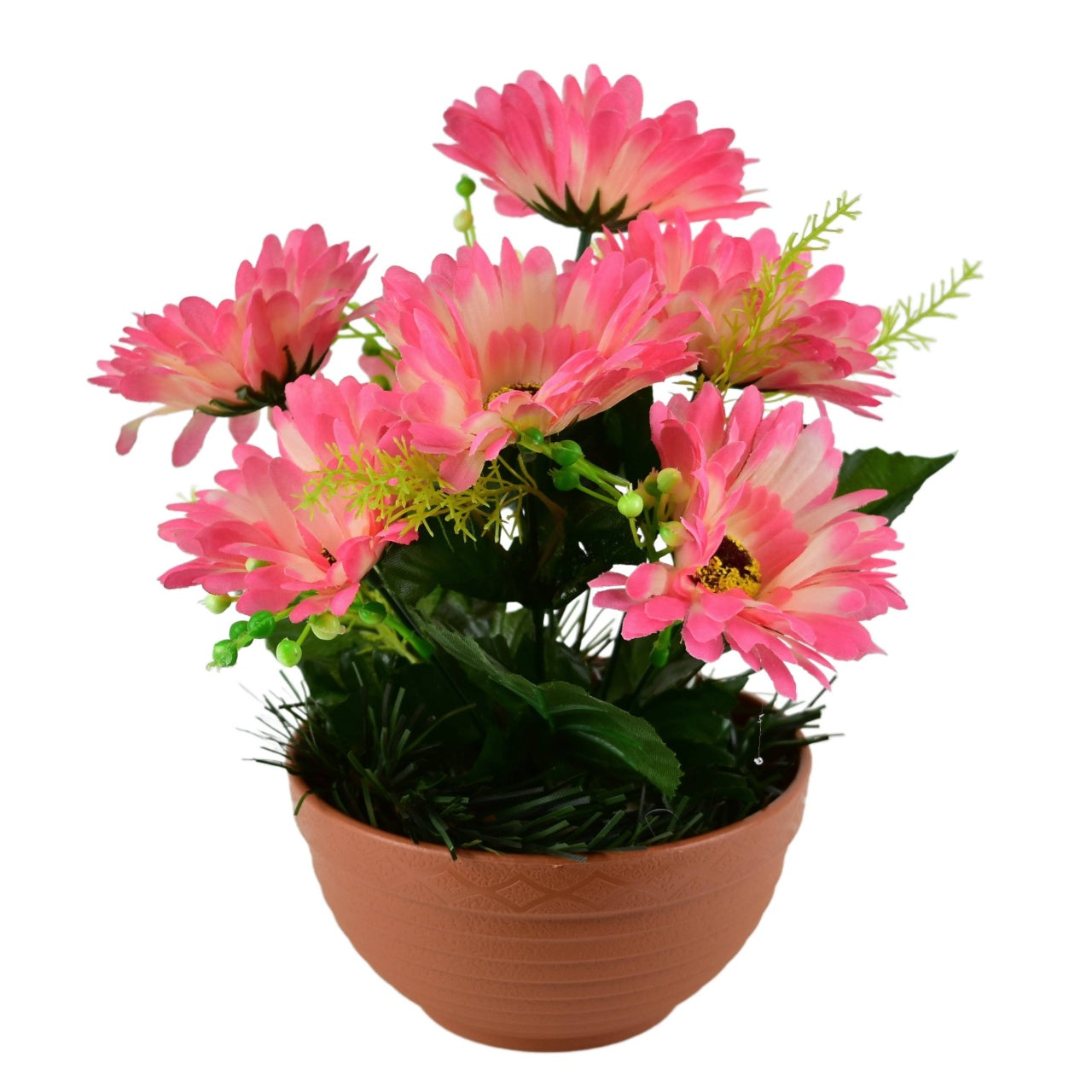 Gerbery růžové 7 květů v terakotové misce Ø22/ 24 cm