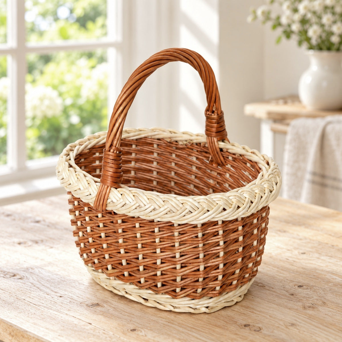 Ovaler Weidenkorb mit hellem Zopfmuster und Flechtwerk, handgeflochten, 23 × 18 × 25 cm