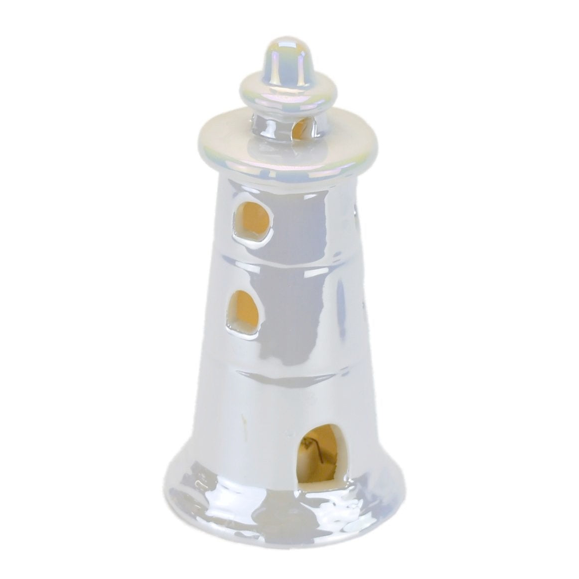 Maják keramický s LED osvětlením, bílá perleť, 14 cm
