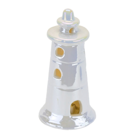 Maják keramický s LED osvětlením, bílá perleť, 14 cm