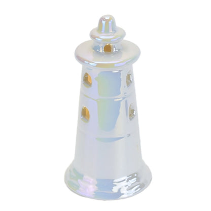 Maják keramický s LED osvětlením, bílá perleť, 14 cm