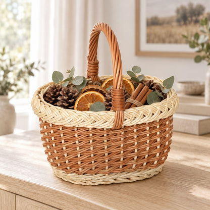 Ovaler Weidenkorb mit hellem Zopfmuster und Flechtwerk, handgeflochten, 23 × 18 × 25 cm