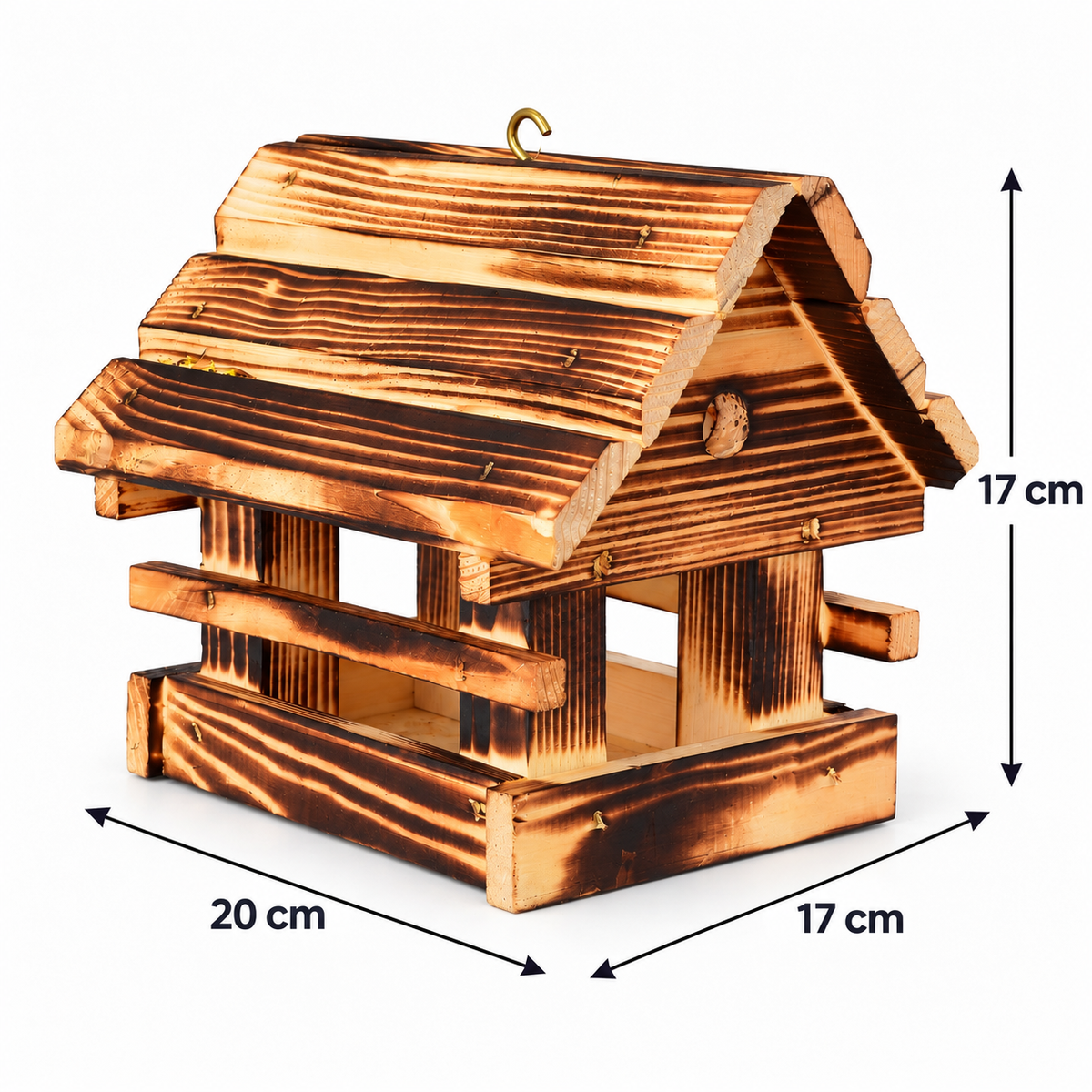 Small bird feeder for mountain chickadees, flame-treated, 20 × 17 × 17 cm