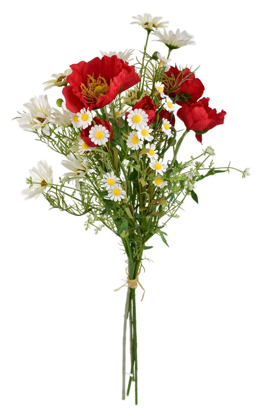 Kytice letních bílých kopretin s vlčími máky a heřmánkem 70 cm