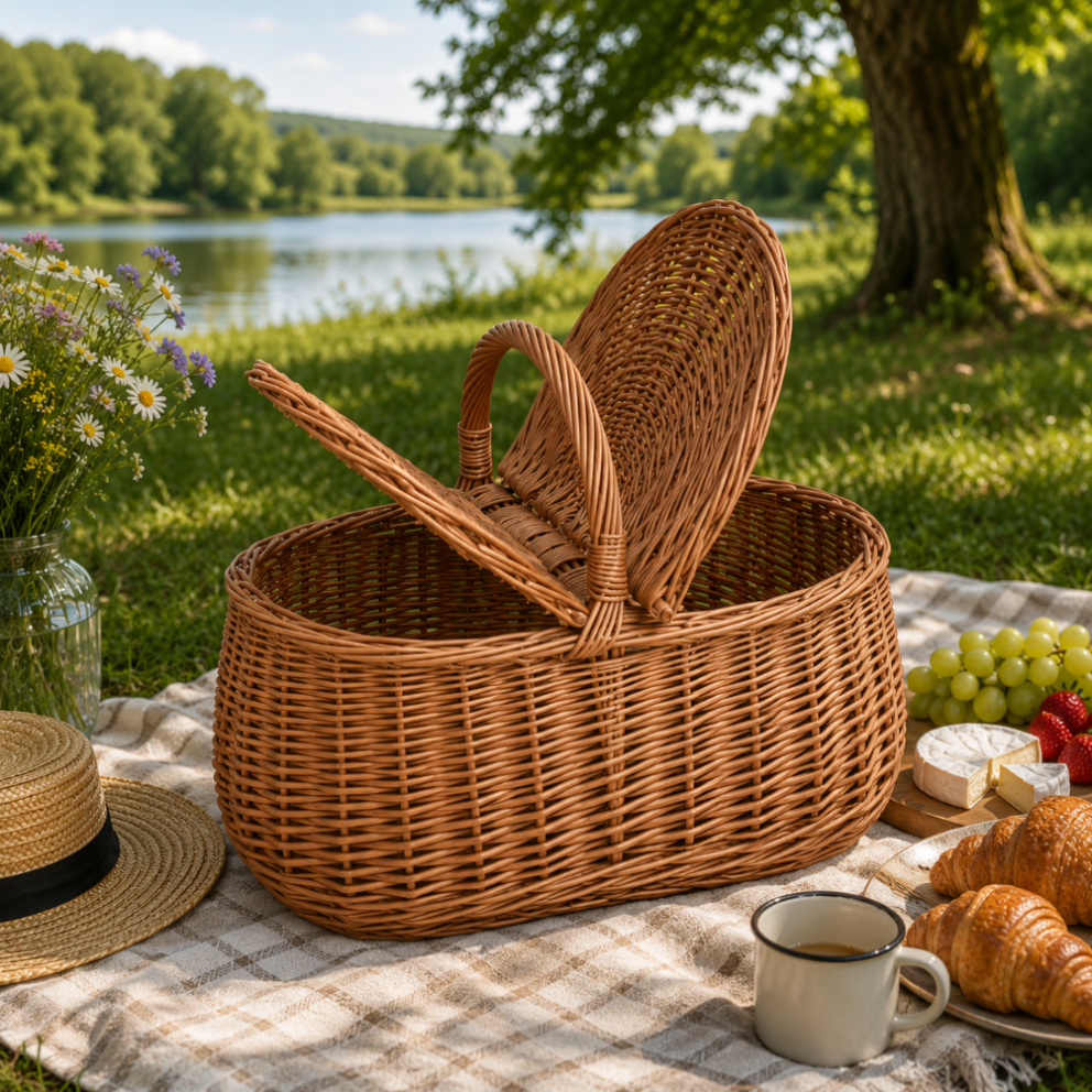 Car Picnic Basket, hand-woven from natural wicker, 43×28×35 cm