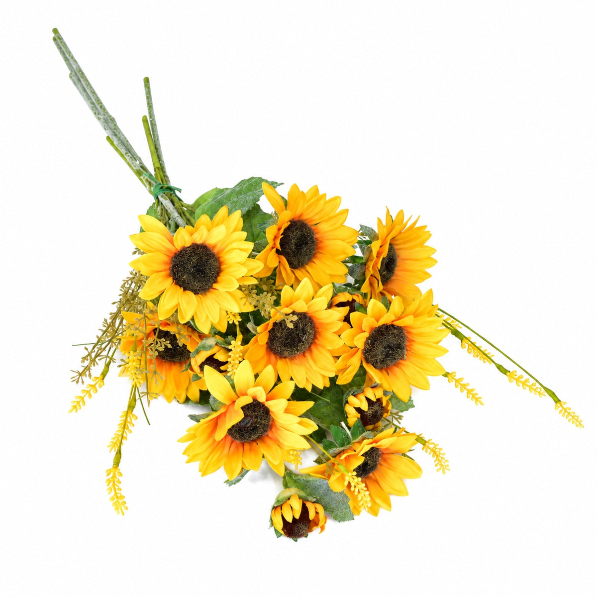 Velká rozkvetlá kytice slunečnic – 8 květů a 4 poupata, 65 × 30 cm