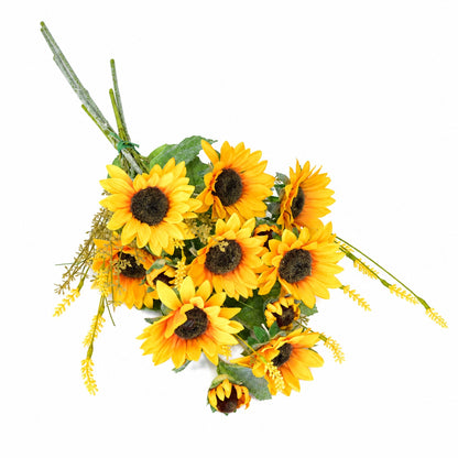 Velká rozkvetlá kytice slunečnic – 8 květů a 4 poupata, 65 × 30 cm