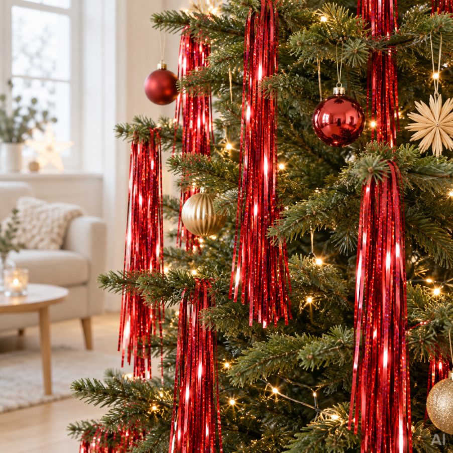 Weihnachtslametta rot mit Lasereffekt, 50 × 100 cm