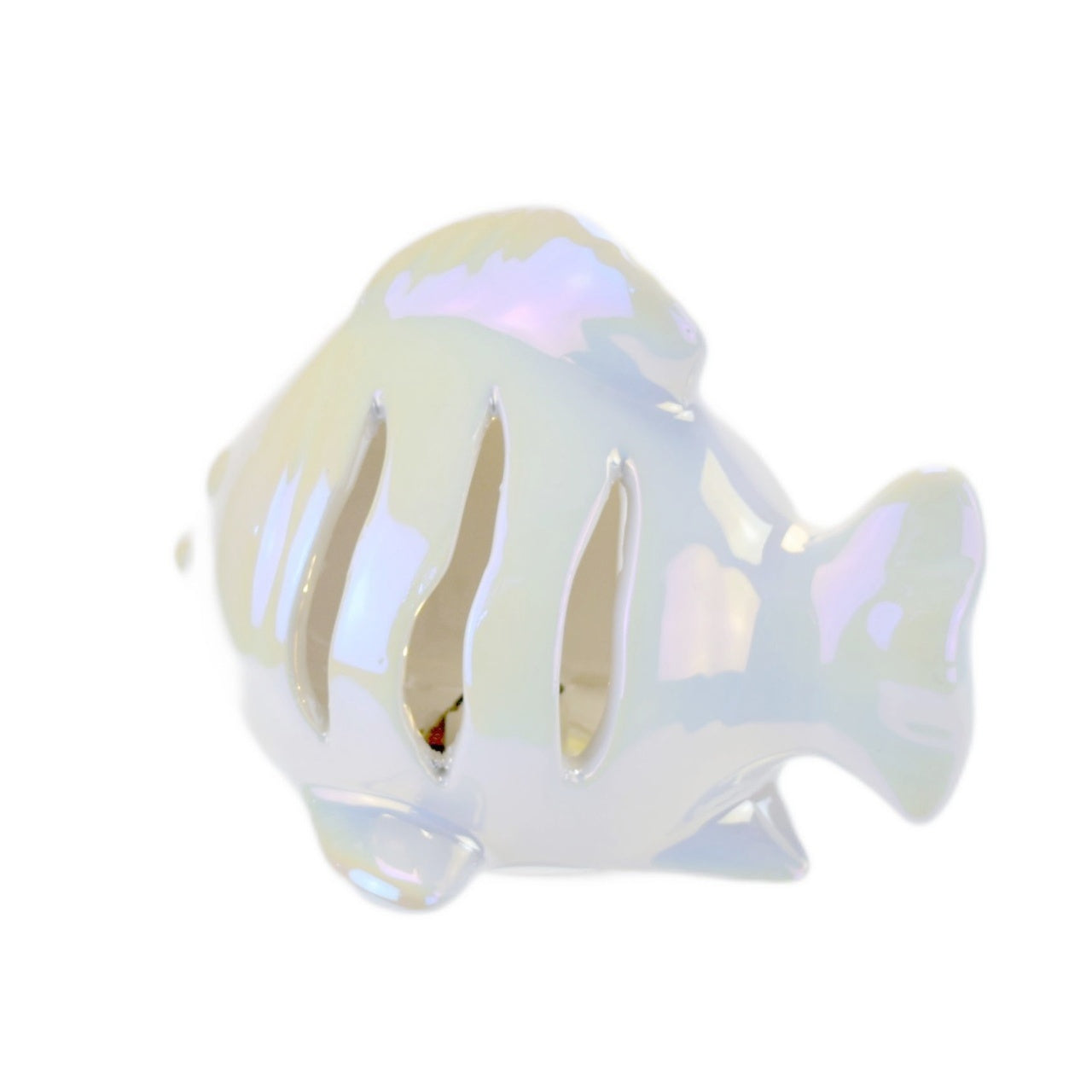 Ryba keramická s LED osvětlením, bílá perleť, 10x14 cm