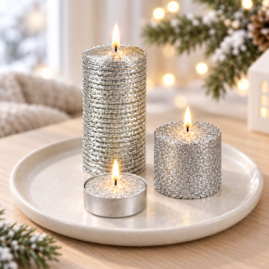 Candle set with silver glitter