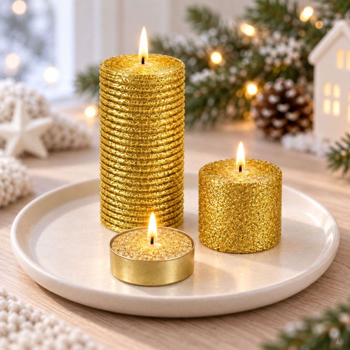 A set of candles with gold glitter