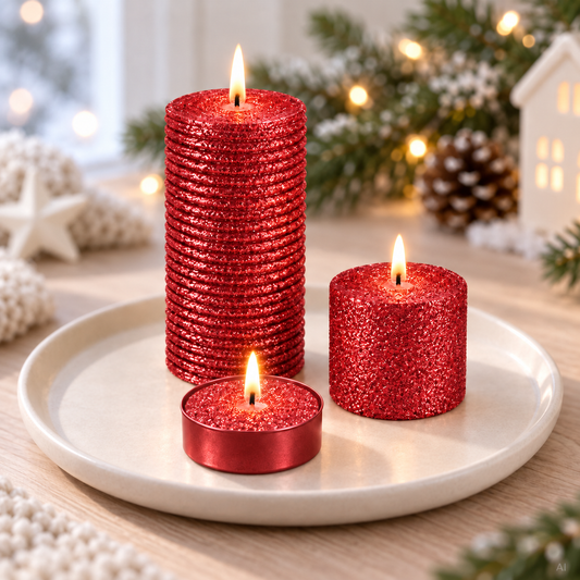 Set of candles with red glitter