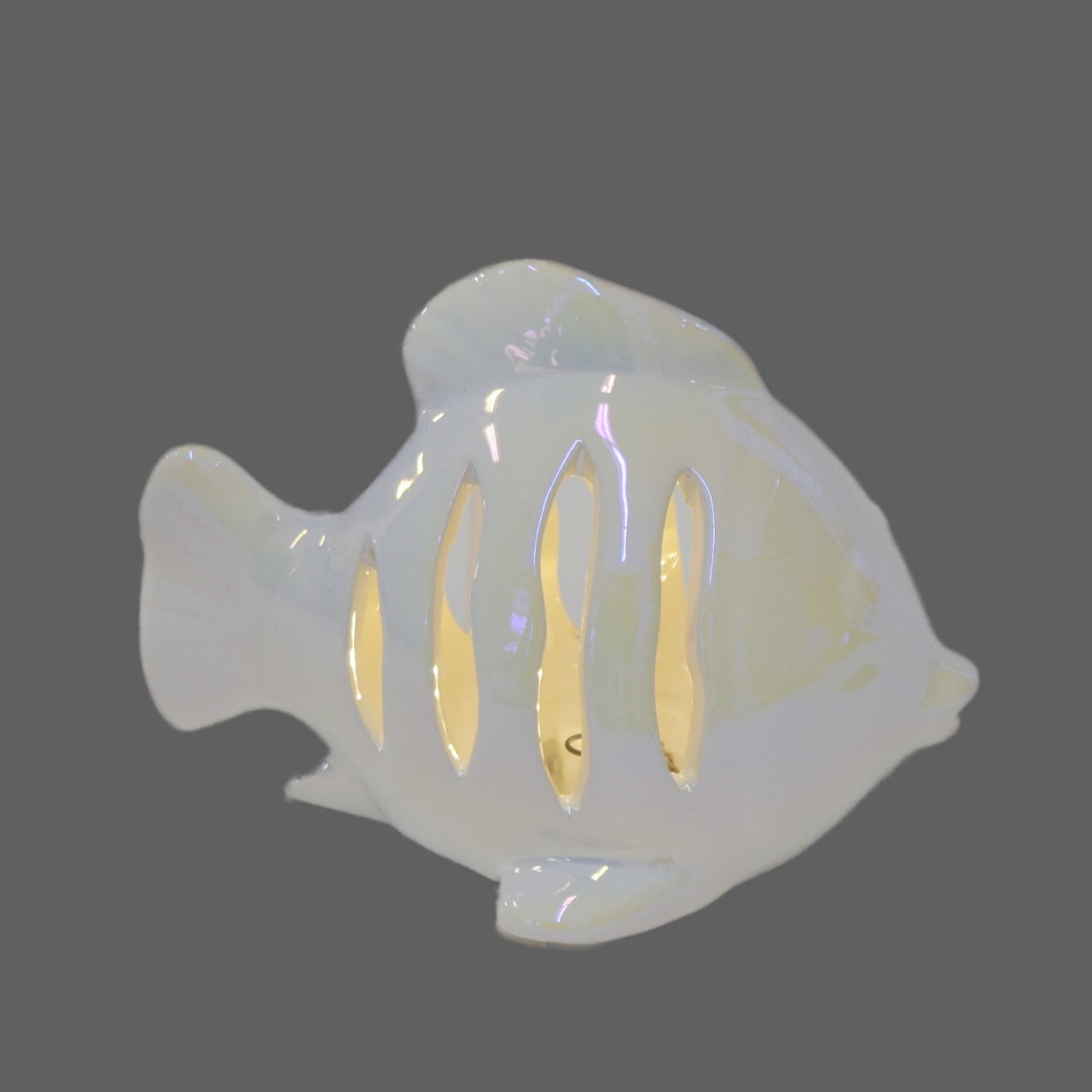 Ryba keramická s LED osvětlením, bílá perleť, 10x14 cm