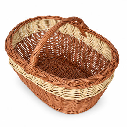 Großer Einkaufskorb aus Weidengeflecht mit hellem Streifen, handgeflochten, 50 × 37 × 36 cm