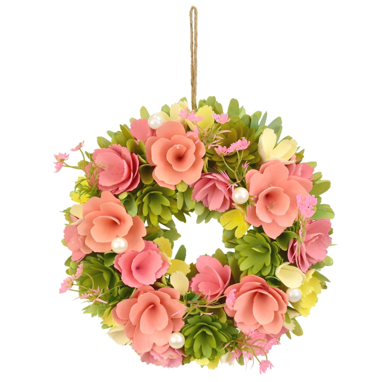 Jarní věnec z dřevěných kytiček růžový Ø30 cm