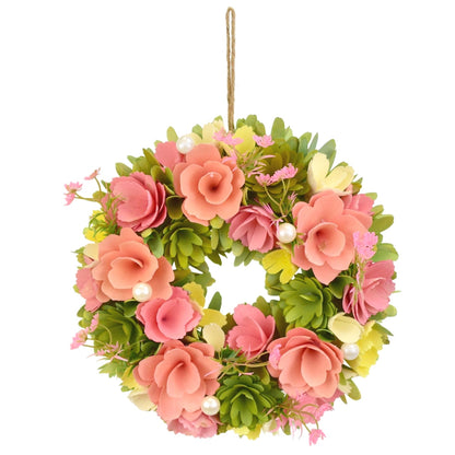 Jarní věnec z dřevěných kytiček růžový Ø30 cm