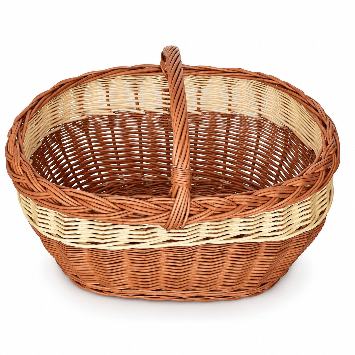 Großer Einkaufskorb aus Weidengeflecht mit hellem Streifen, handgeflochten, 50 × 37 × 36 cm