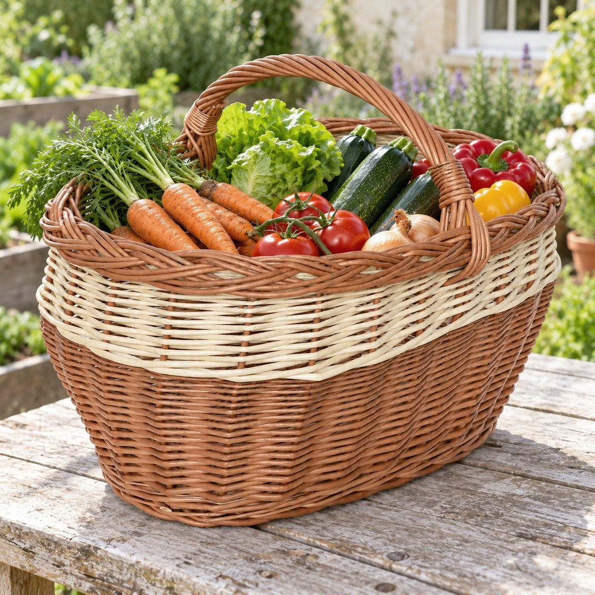 Großer Einkaufskorb aus Weidengeflecht mit hellem Streifen, handgeflochten, 50 × 37 × 36 cm