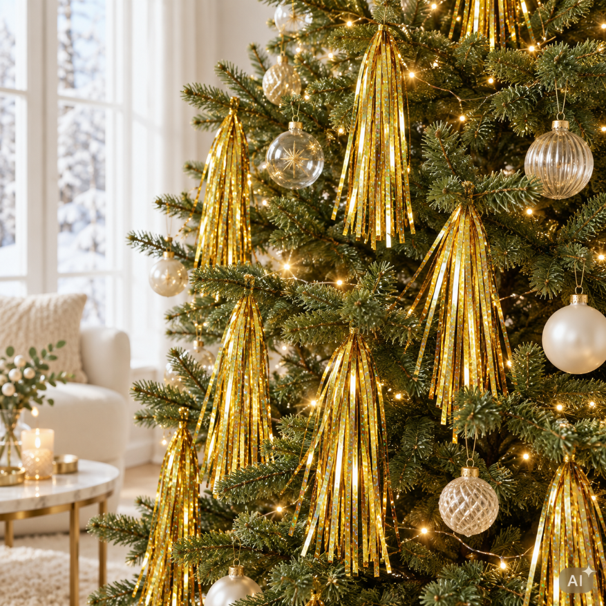 Weihnachtslametta Gold mit Lasereffekt, 50 × 100 cm