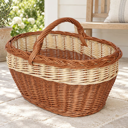Großer Einkaufskorb aus Weidengeflecht mit hellem Streifen, handgeflochten, 50 × 37 × 36 cm