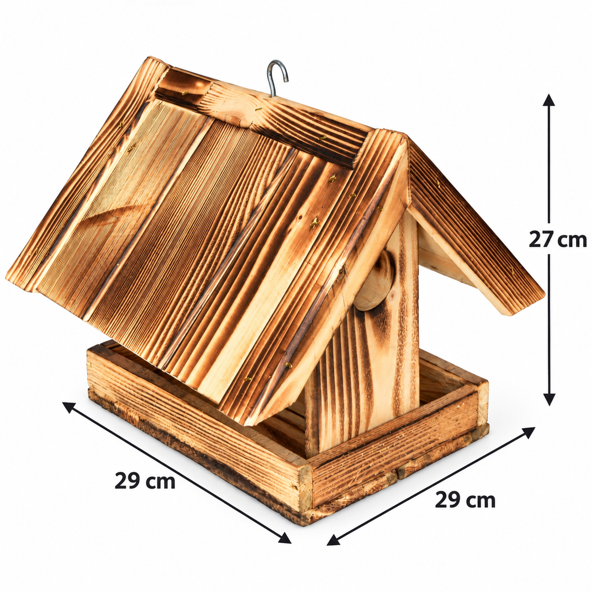 Burned wood bird feeder with an opening, 29 × 29 × 27 cm
