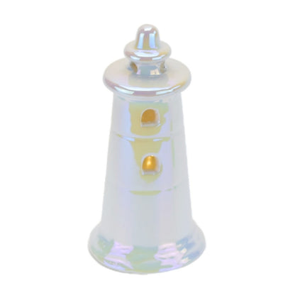 Maják keramický s LED osvětlením, bílá perleť, 14 cm