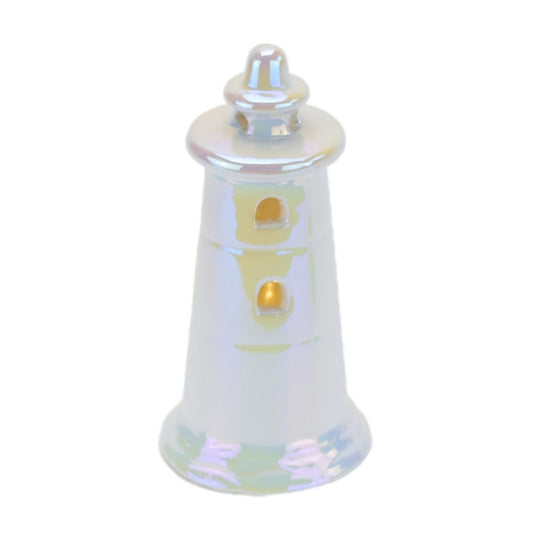 Maják keramický s LED osvětlením, bílá perleť, 14 cm