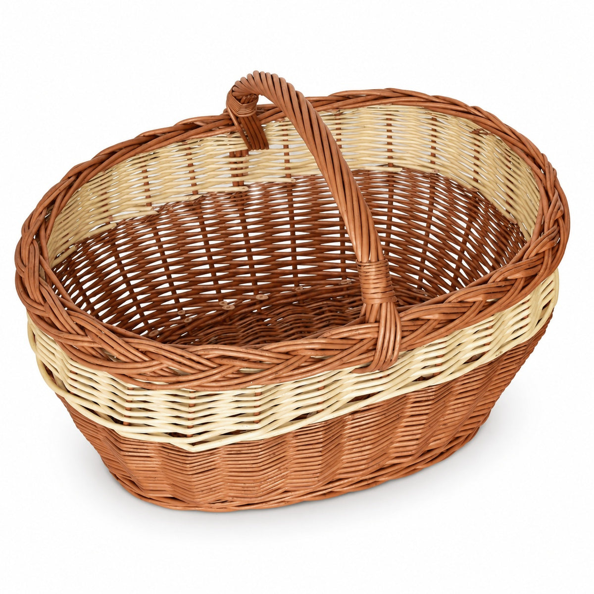Großer Einkaufskorb aus Weidengeflecht mit hellem Streifen, handgeflochten, 50 × 37 × 36 cm