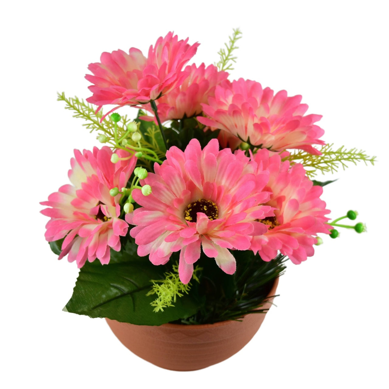 Gerbery růžové 7 květů v terakotové misce Ø22/ 24 cm